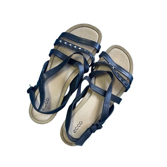 Ecco Womens Black & Tan Open Toe Leather Studs Strappy Flat Sandal Size 41 - Picture 3 of 7